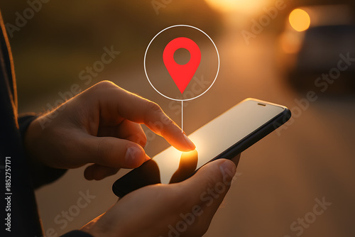 Hand Using Smartphone GPS Navigation App with Red Map Pin Location Marker Icon; Man Searching for Destination on Mobile Phone Outdoors at Sunset Road Background