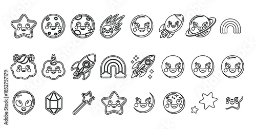 Cute outer space icons set black and white line art vector illustration for children