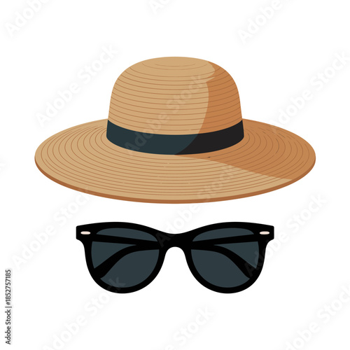 Straw hat with black sunglasses summer vacation accessory icon perfect for beach leisure travel fashion sun protection or casual style design