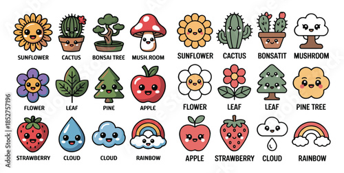Set of cute nature icons with happy faces colorful vector illustration for children