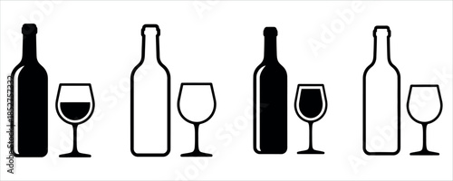 Wine bottles and glasses in elegant black and white vector.