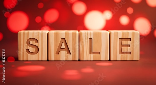 Wooden blocks spelling 'Sale' on red bokeh background  