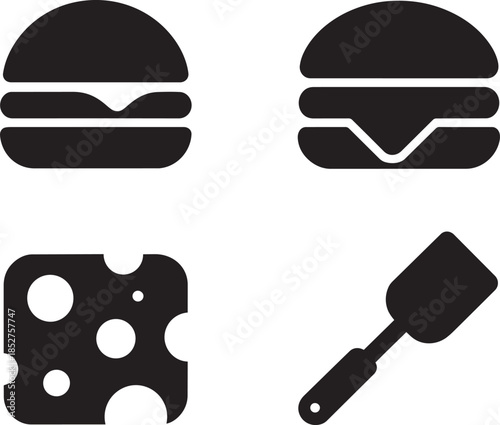Burger cheeseburger slice cheese and spatula icons set food and cooking graphic elements flat design