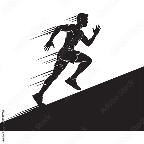 Dynamic vector silhouette of a male runner sprinting uphill illustrating speed challenge