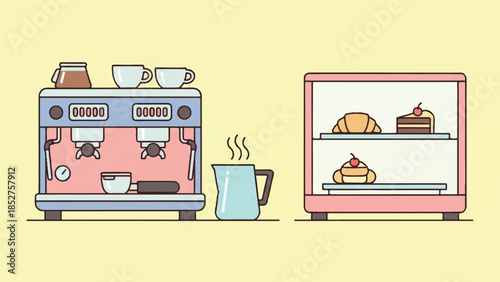 A vibrant coffee machine and a pink display case showcasing various pastries, coffee cups, and treats on a pastel yellow background