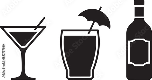 Set of drink and alcohol icons featuring a martini glass cocktail with umbrella and bottle