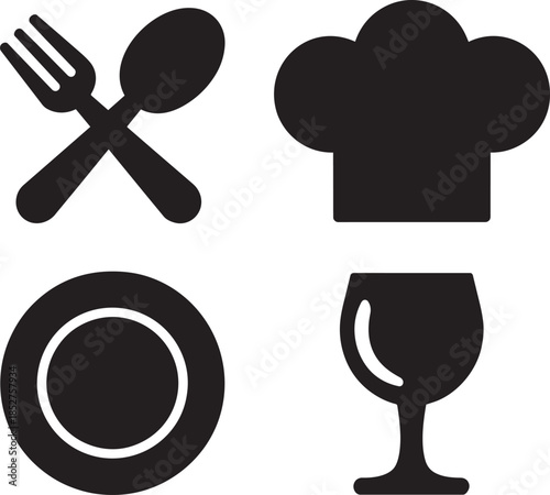 Set of kitchen and food icons including cutlery chef hat plate and wine glass on transparent background