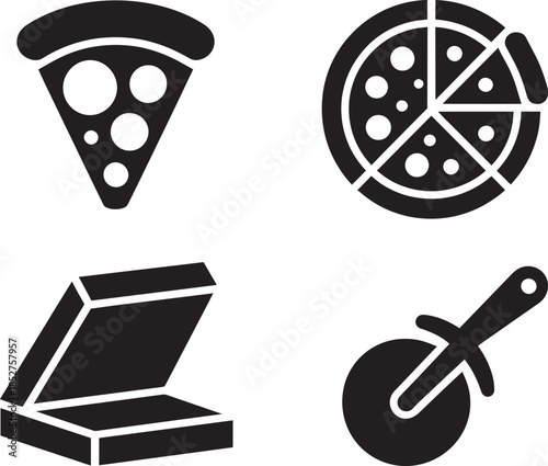 Set of pizza slice whole box cutter black vector illustration fast food icons