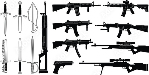 Massive collection of tactical firearm silhouettes, medieval bladed weapons, modern assault rifles, sniper gear, and historical swords isolated on a white background vector.