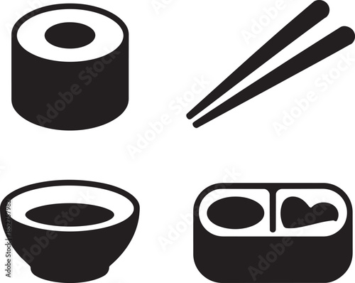Sushi roll chopsticks bowl and bento box icons for japanese cuisine food and meal delivery