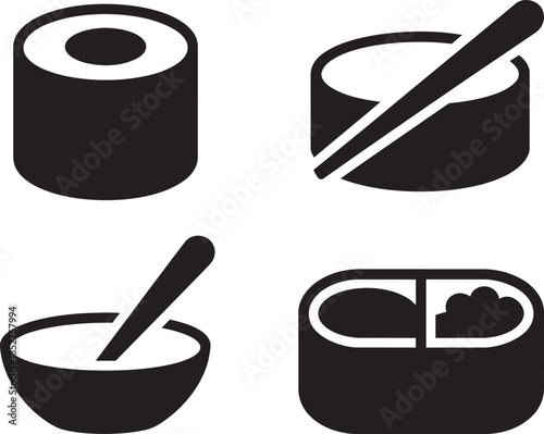Set of sushi and Asian food icons including a sushi roll chopsticks bowl and bento box