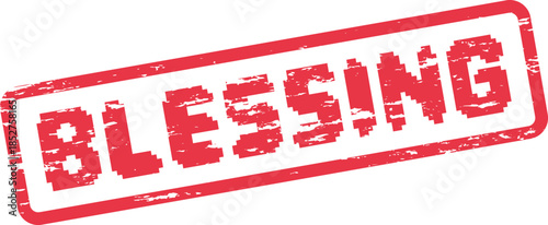 Textured red pixel art style stamp depicting the word Blessing contained within a rectangular frame