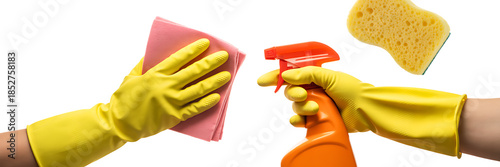 Two hands wearing yellow rubber gloves holding cleaning supplies a pink cloth and a spray bottle with a yellow sponge in the background on a white background