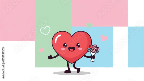 A cartoon heart character holding flowers in a colorful background with pastel squares and hearts