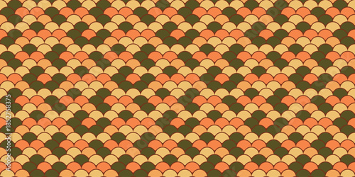 Abstract seamless pattern with overlapping scales in warm autumnal tones.  Perfect for textile design, wallpaper, website backgrounds, or any project needing a retro, geometric aesthetic.