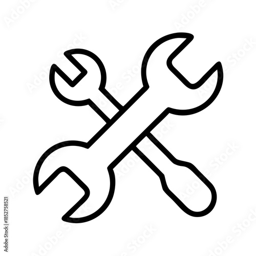 Wrenches and screwdriver crossed in minimalist black line art  