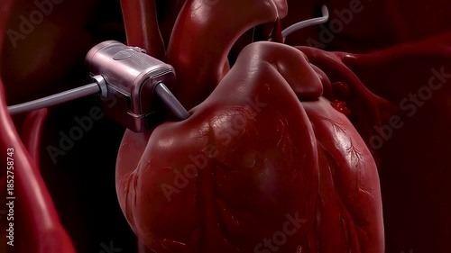 Inside human chest cavity showing titanium pacemaker attached to heart as glowing pulse travels through wire with surgical polish lighting