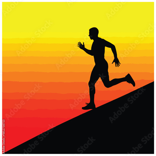 Silhouette of a man running uphill against a vibrant sunset gradient symbolizing challenge 