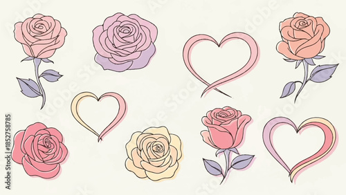A collection of roses and hearts in various colors and styles, vector illustration