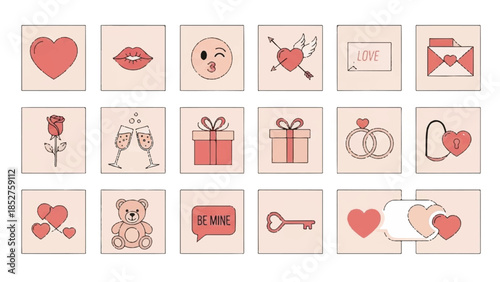 Collection of romantic icons and symbols in a grid layout on a soft pink background, representing love and affection