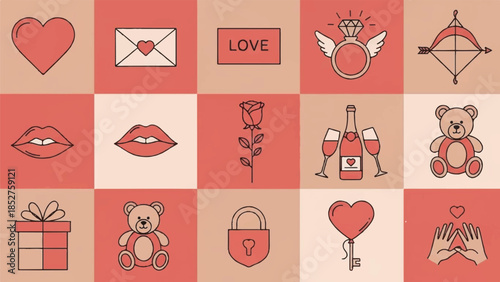 Valentine's Day icons collection featuring love symbols, teddy bears, and hearts in various illustrations