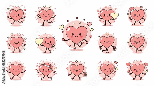 Collection of cartoon heart characters with various emotions and actions, zzzz eps file reference, vector illustration
