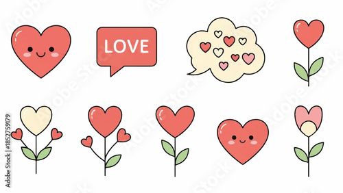 A collection of cartoon hearts and flowers expressing love and affection in a digital illustration, featuring various emotive elements