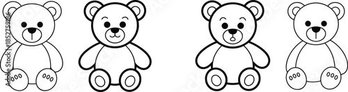 Cute teddy bear outline character set, adorable toy animal cartoon collection, simple children mascot icons, cad drawing flat vector illustration