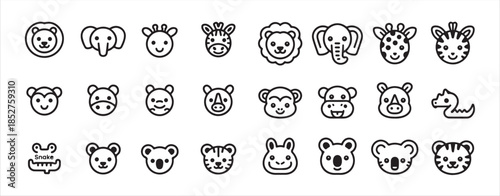 Cute jungle animals heads outline icon set cartoon zoo wildlife creatures face collection for kids