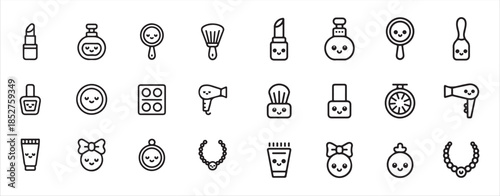 Adorable beauty care collection cute cartoon cosmetic products and jewelry accessories outline icons set