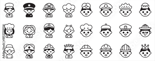 Professional job occupation collection cute cartoon people character avatars outline icons set
