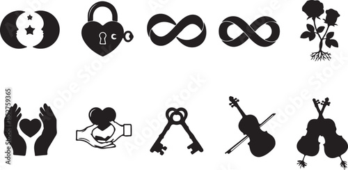 Black and white vector symbols isolated on transparent background