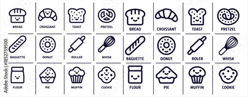 Bakery and pastry delicious food outline icon set includes bread croissant toast pretzel baguette donut roller whisk