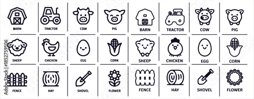 Agriculture and farming minimal rural farm elements outline icon set includes barn tractor cow pig sheep chicken