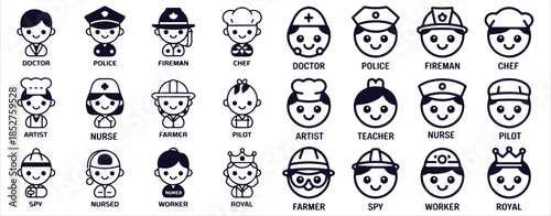 Professions and occupations icon set in outline style including doctor police fireman and many more