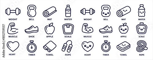 Fitness and healthy lifestyle icon set with outline style including weight bell mat water bottle and more