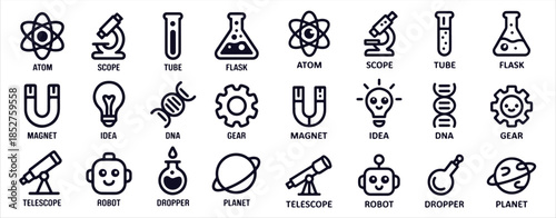Science and technology icon set in outline style including atom microscope tube flask and many more items