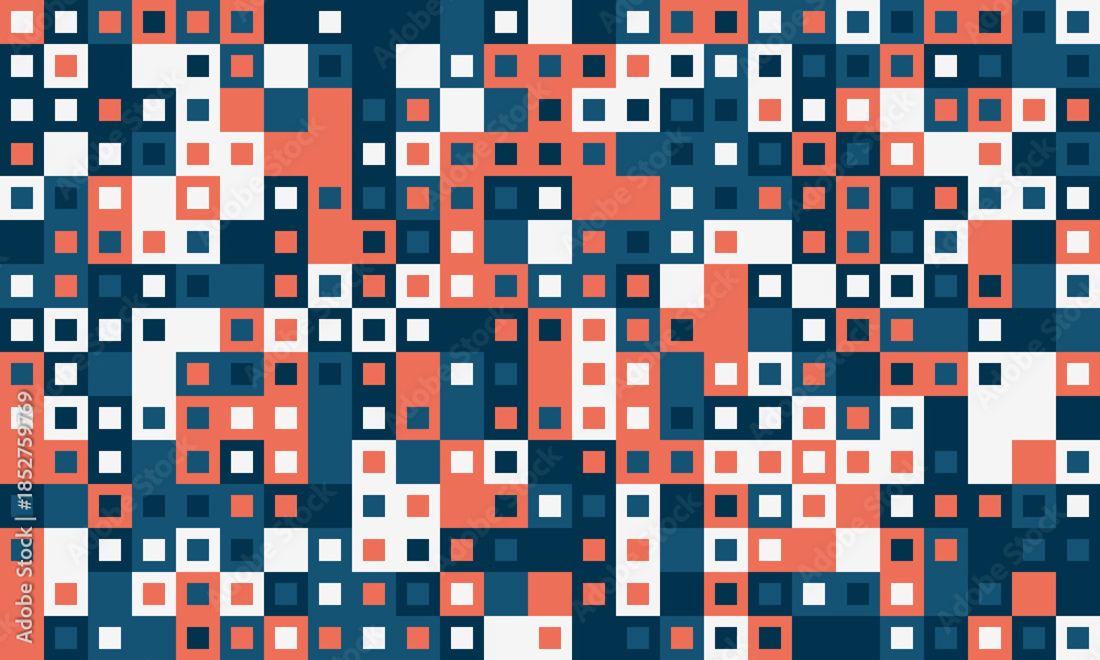 Fototapeta premium Abstract geometric pattern with vibrant coral, teal, and white squares. Ideal for modern design projects, website backgrounds, or textile prints.