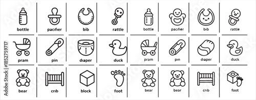 Baby newborn care accessories icons set bottle pacifier bib pram diaper duck crib block footprint