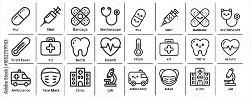Medical healthcare line icon set emergency first aid kit hospital ambulance lab equipment collection