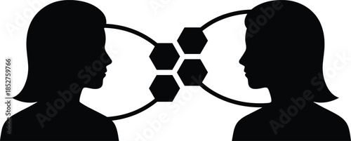 Human communication connection silhouette illustration, abstract conversation network concept with profiles interaction, psychology teamwork idea, cad drawing flat vector illustration