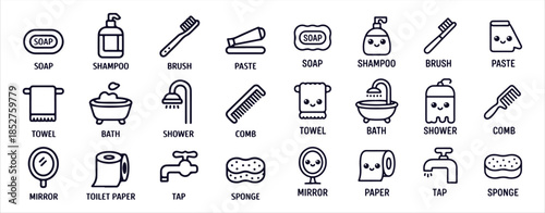 Bathroom personal hygiene line icon set soap shampoo brush towel shower mirror toilet paper tap collection