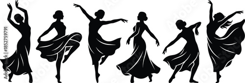 Female dancer silhouette collection, elegant ballet contemporary dance poses set, graceful movement performance art, cad drawing flat vector illustration