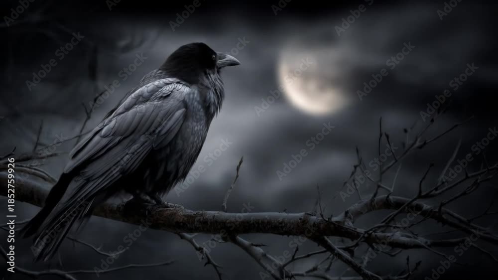 Moonlit raven perches on a bare branch beneath stormy clouds, haunting ...