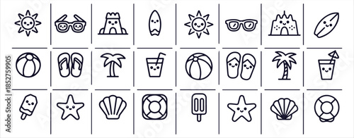 Summer beach vacation set with outline icons of sun sunglasses sandcastle surfboard flip flops and cocktail
