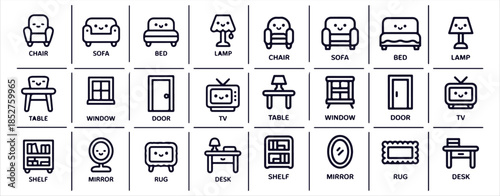 Furniture and home interior decor line icons set isolated on white background collection of essential household objects