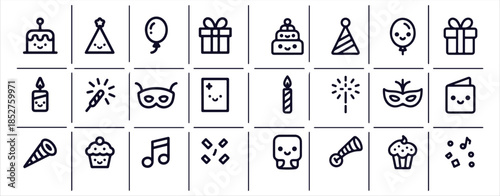 Celebration and party essentials line icons set isolated on white background collection of birthday and festive symbols