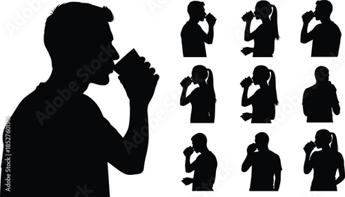 Set of silhouette profile of man and woman drinking coffee from mug, people drinking water, tea or beverage silhouettes isolated on white,