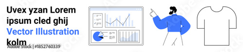 Data dashboard with graphs, charts, pie chart alongside a man pointing to the screen, and a blank T-shirt outline. Ideal for analytics, presentations, business, design, reports education simple