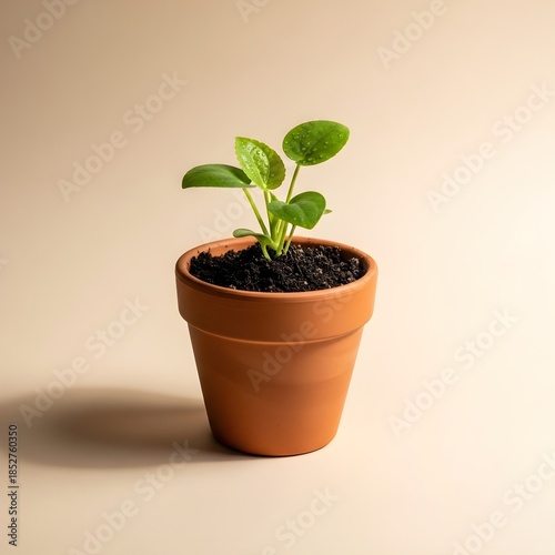 Young green sprout growing in a small clay pot on a neutral background.